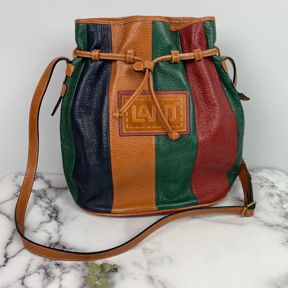Land Leather Handbags - Land Leather Vintage Color-block Bucket Bag